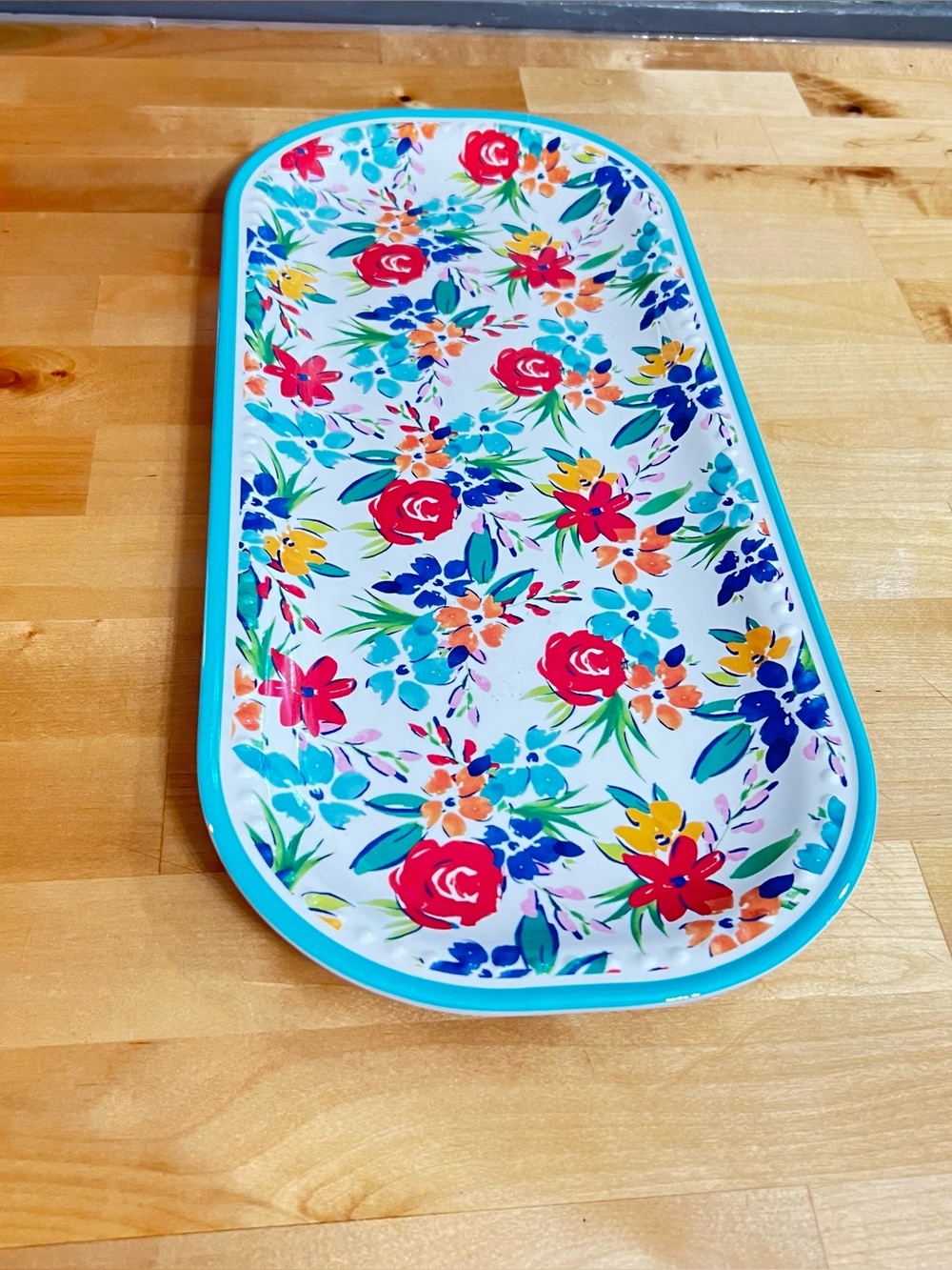 Pioneer Woman Melamine 17" Rectangular Teal Floral Birthday Pattern Platter Tray